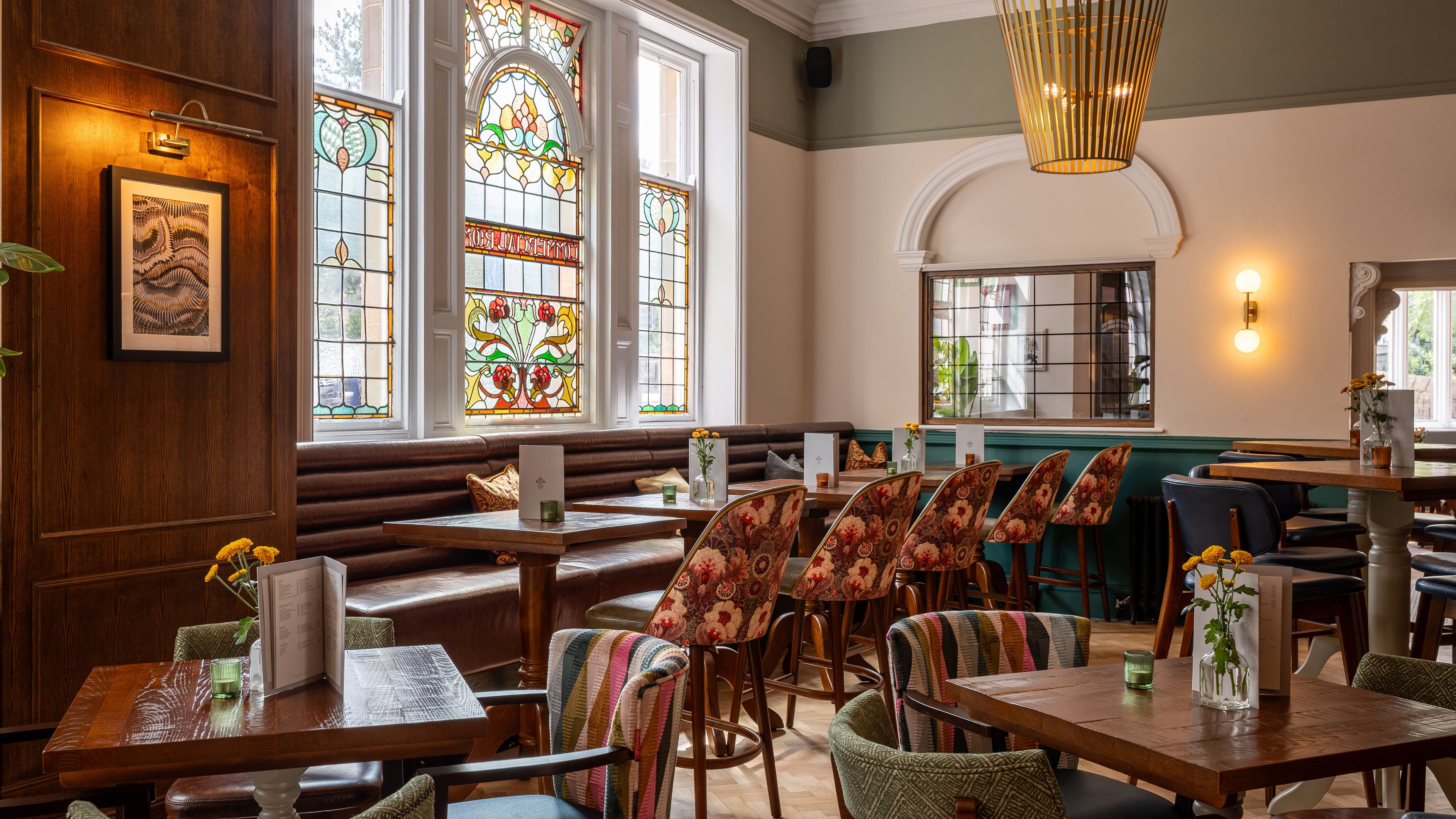 stained glass window in the bar area