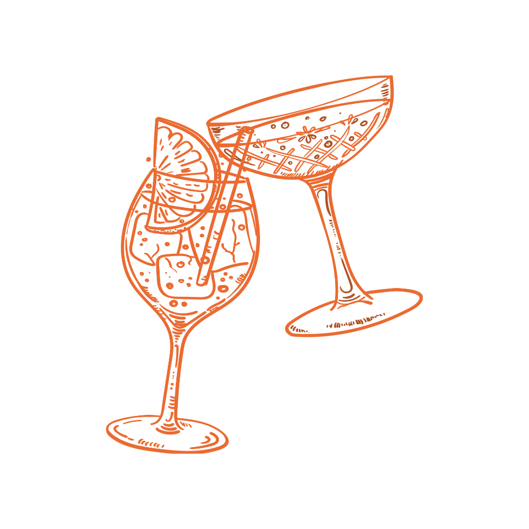 two illustrated cocktail glasses clinking together